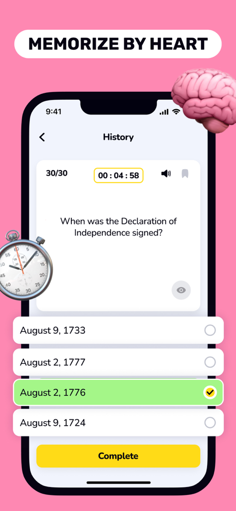 Flashcards Maker: Study Clever - Flashcards Maker App-Oberfläche für Geschichtsquiz mit Multiple-Choice-Antworten