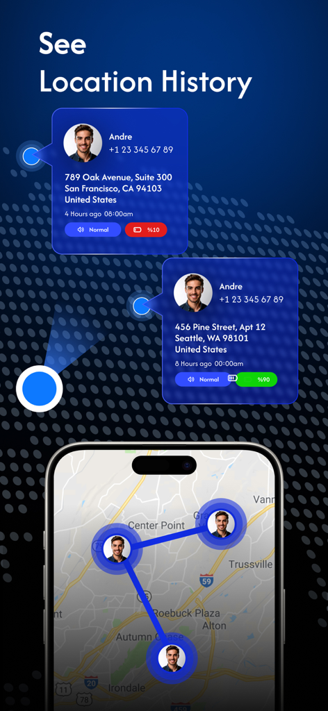 EasyGeoFinder-Location Tracker - Pantalla de iPhone mostrando la aplicación EasyGeoFinder con el historial de ubicación y la ruta de viaje en un mapa, y tarjetas de estado de contacto