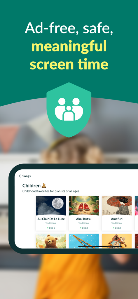 Skoove: Learn to Play Piano - Skoove app displaying a collection of piano songs for children with a family safety icon