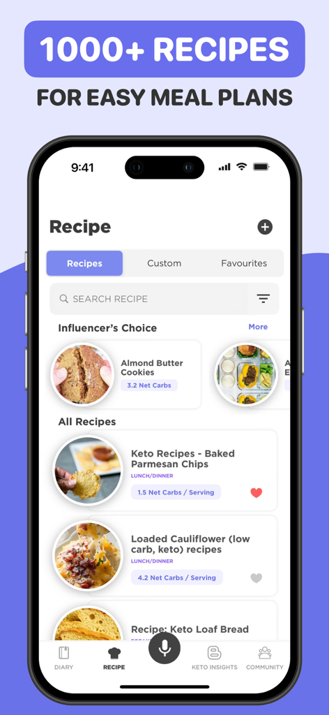 Keto Manager : Carb Diet App - Keto Manager app recipes page displaying various low carb meal options with net carb counts