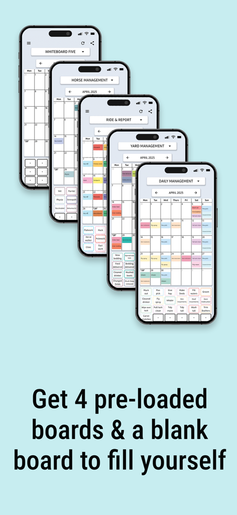 Equiniser - Five mobile screens showing preloaded digital whiteboards for horse and yard management