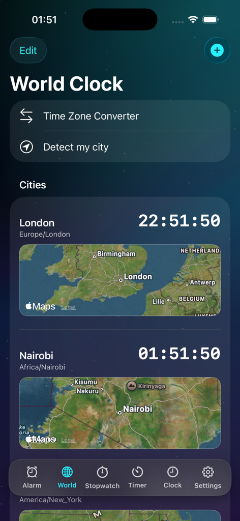 Alarm Clock – Loud Wake Up* - World clock interface displaying global times and maps for London and Nairobi within the alarm app.