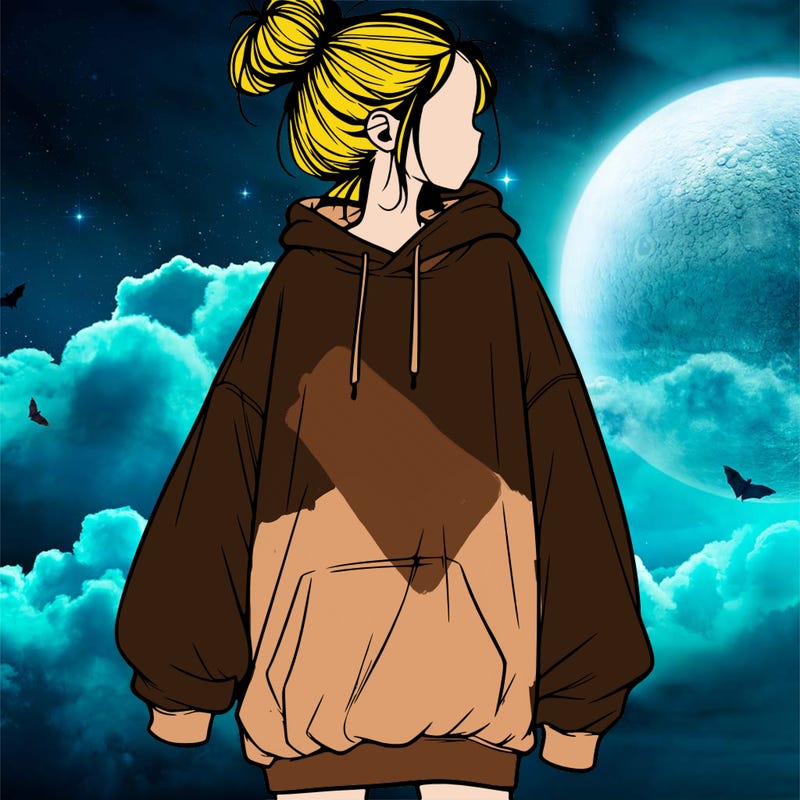 realistic girl with a oversized sweatshirt on and a bun