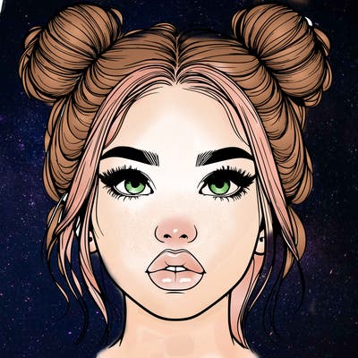 realistic girl with two buns on her hair and lips