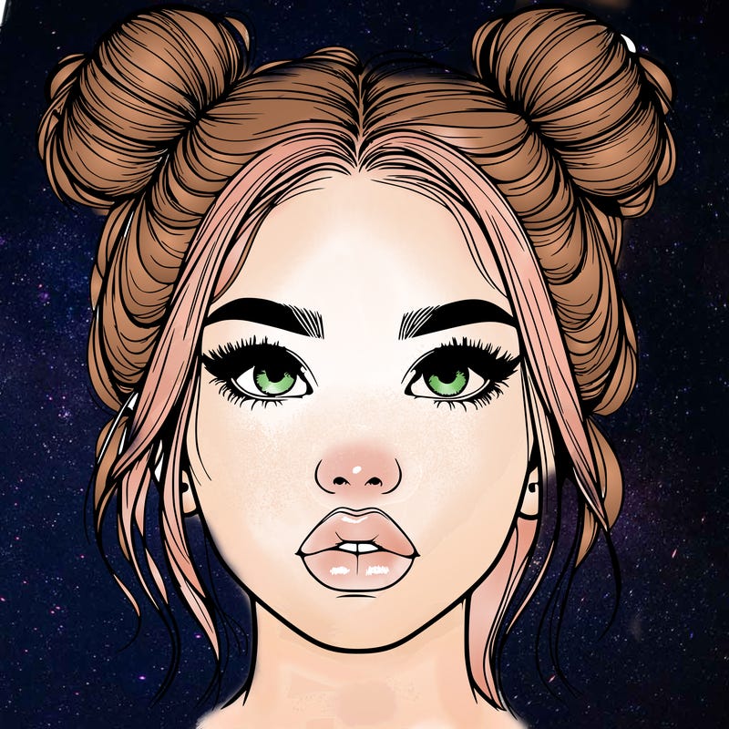 realistic girl with two buns on her hair and lips