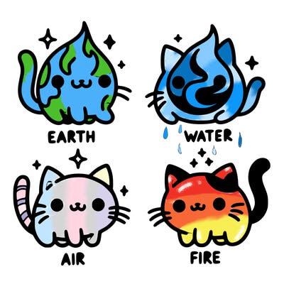 4 cats that represent the different elements, earth, water, air, and fire