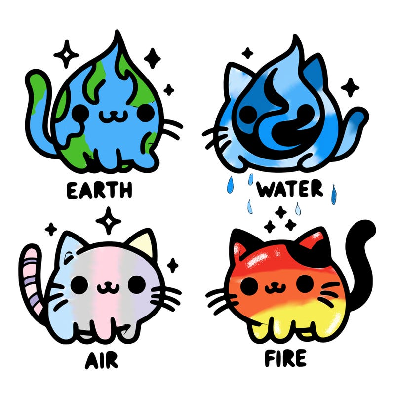 4 cats that represent the different elements, earth, water, air, and fire