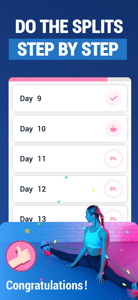 Interfaz de la aplicación Entrenamiento de Splits mostrando hitos de entrenamiento diario y a una mujer realizando un split completo