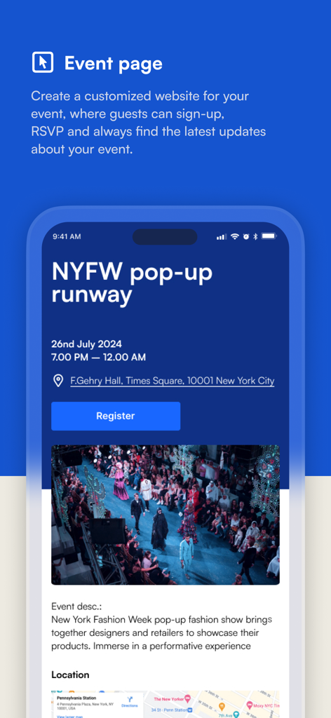 Guestlist: Guest List App - Una interfaz móvil de la aplicación Guestlist mostrando una página de evento personalizada para una pasarela pop-up de la Semana de la Moda de Nueva York con un botón de registro