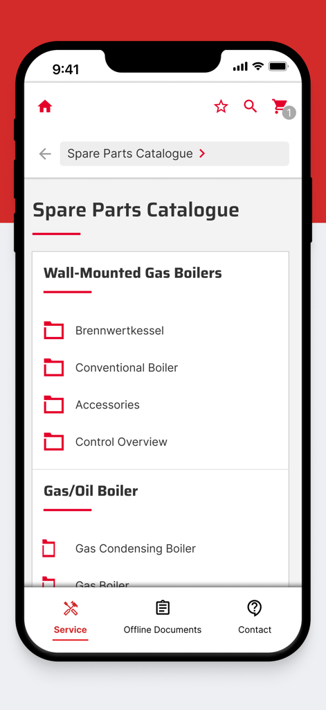 WOLF Service App - Oberfläche des Ersatzteilkatalogs der WOLF Service App, die verschiedene Gas- und Ölheizungskategorien zeigt.