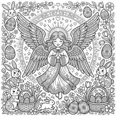 Experience the joy of Easter with this captivating coloring page featuring a graceful Seraphim angel. Surrounded by playful bunnies, beautifully decorated eggs, and blooming spring flowers, this design promises hours of delightful creativity.