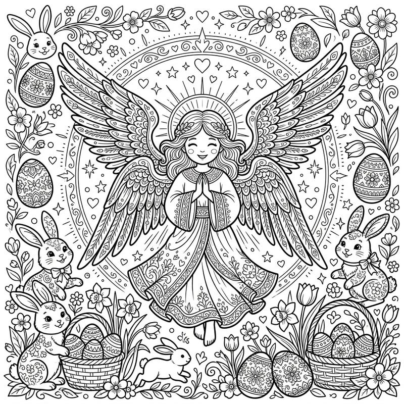 Experience the joy of Easter with this captivating coloring page featuring a graceful Seraphim angel. Surrounded by playful bunnies, beautifully decorated eggs, and blooming spring flowers, this design promises hours of delightful creativity.