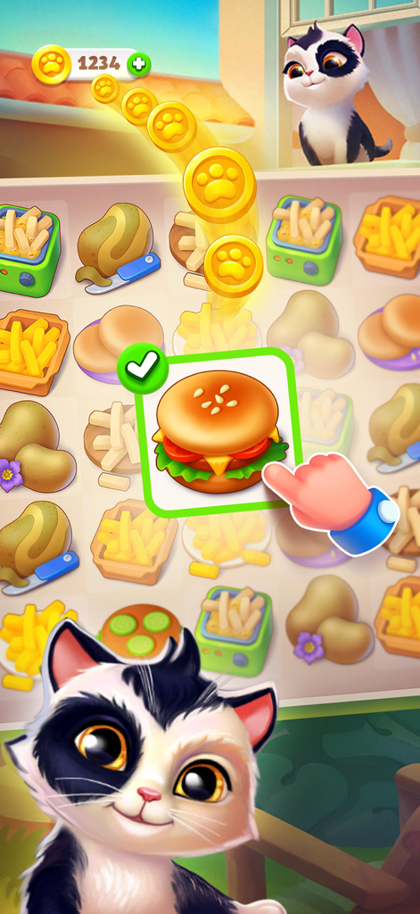 A cute black and white cat in a mobile game featuring a food merge puzzle