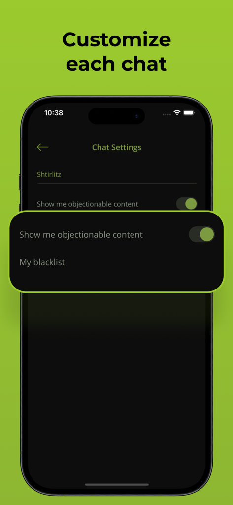 Interface do aplicativo SpyChat mostrando configurações de chat individuais com filtros de conteúdo e opções de lista negra