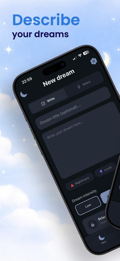 Morphée - Dream Diary - Morphee app screen for recording a new dream with text and voice options