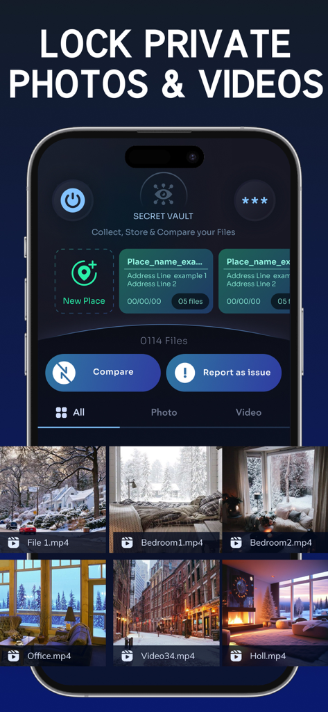 Hidden Camera Finder - AntiSpy - La interfaz de la bóveda secreta de la aplicación Hidden Camera Finder que muestra fotos y videos privados bloqueados para almacenamiento de evidencia.