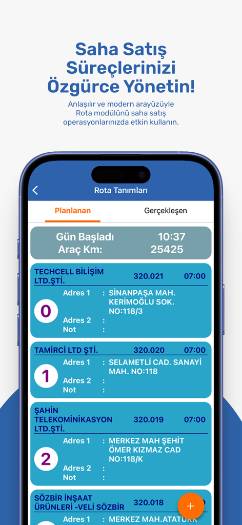 DIA Mobil app interface displaying a field sales route with planned client stops and addresses