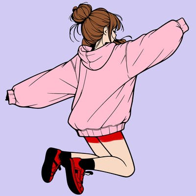 realistic girl jumping with a bun and oversized sweatshirt