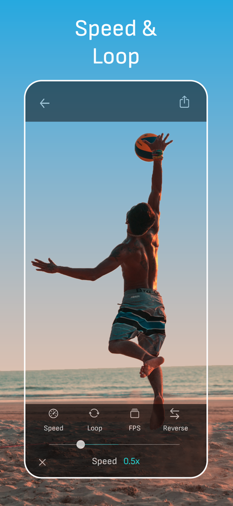 GIF Maker Studio - Create Fun - Interfaz de la aplicación GIF Maker Studio mostrando controles de edición de velocidad y bucle para un vídeo