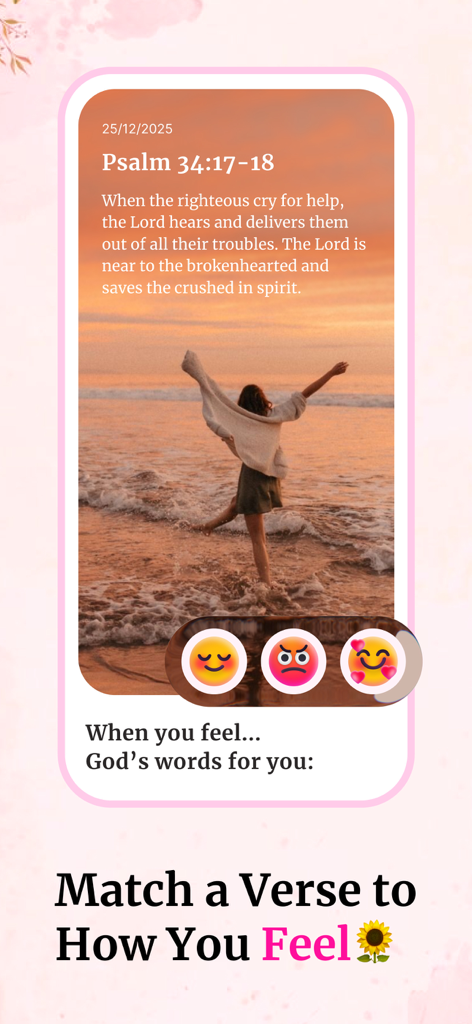 Bible For Women. - Bible app interface showing a scripture verse with a sunset background and mood selection emojis
