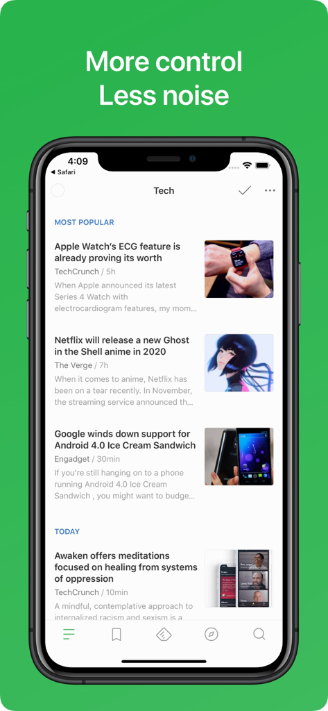 Feedly mobile app displaying a curated list of technology news articles