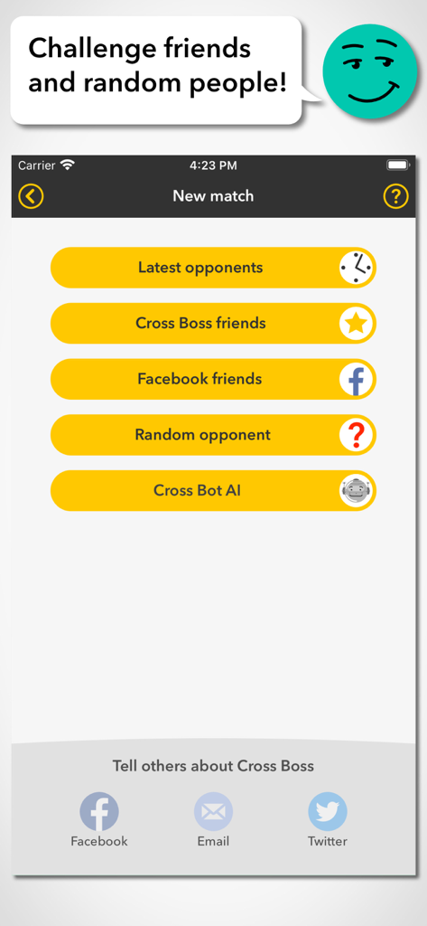 Cross Boss - Cross Boss mobile game interface for starting a new match against friends or AI