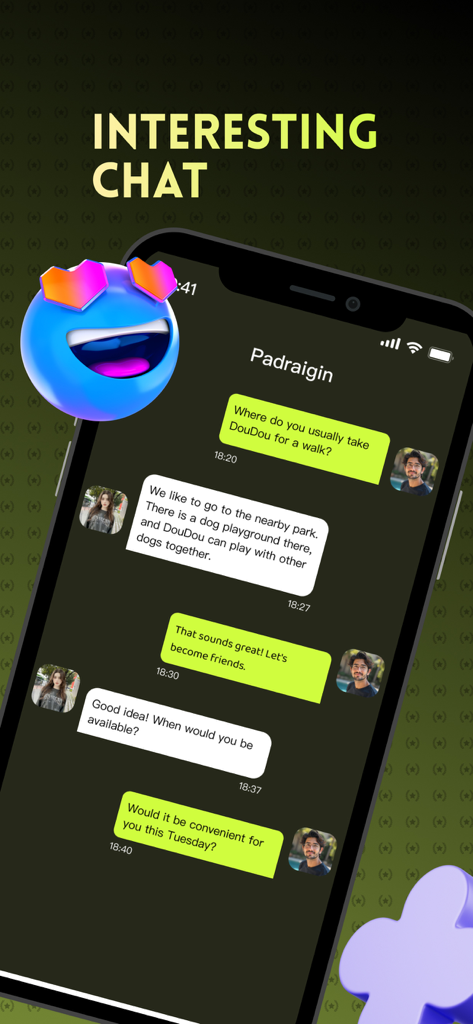 Yomo: Connect, Share, Grow - Ein Screenshot der Yomo App, der eine mobile Chat-Oberfläche mit hellgrünen und weißen Nachrichtenblasen und einem verspielten Emoji mit Herzaugen zeigt.