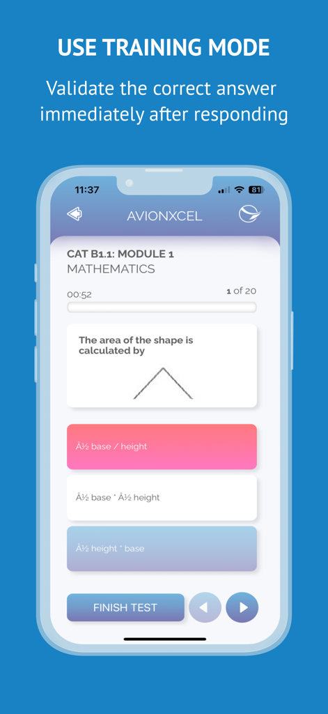 Interface de l'application EASA Part 66 montrant une question d'examen de mathématiques en mode entraînement avec validation immédiate de la réponse