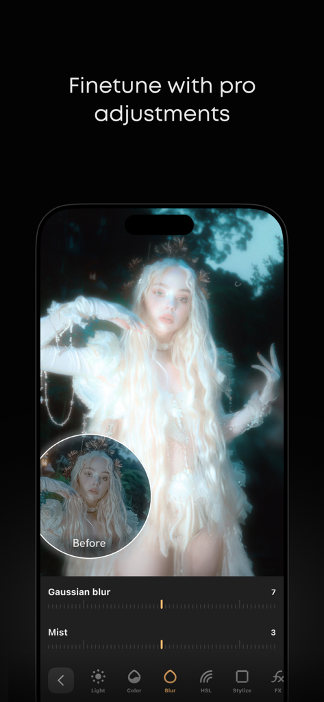 Interfaz de la aplicación Prequel que muestra ajustes profesionales para efectos de desenfoque y niebla