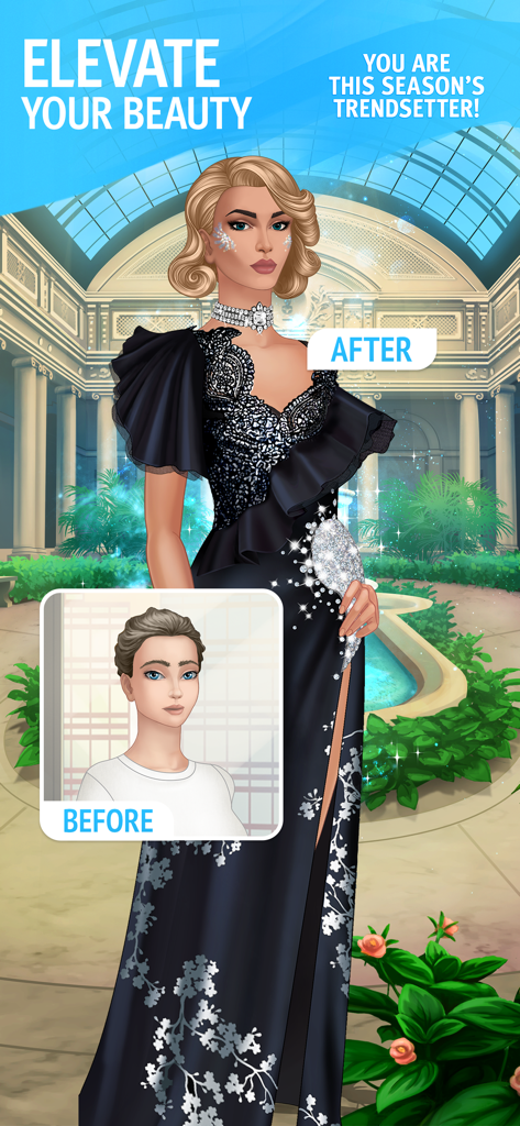 Pocket Styler: Fashion Stars - Transformación de moda antes y después de un avatar con un glamuroso vestido negro.