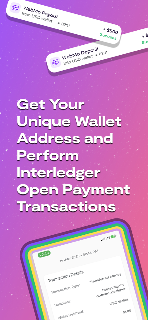 A display of Chimoney App features including unique wallet addresses and Interledger open payment transactions