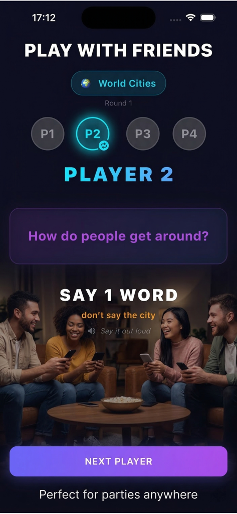 Imposter Game: City Party - Un grupo de amigos jugando el juego de deducción social Imposter Game City Party con temática de ciudades del mundo.