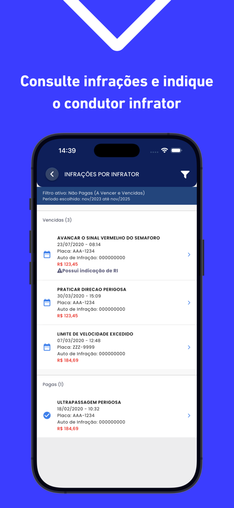 Schermata dello smartphone dell'app CNH do Brasil che visualizza un elenco di infrazioni stradali e multe