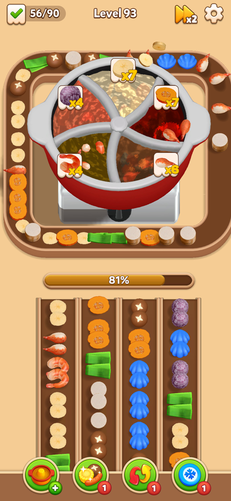 Gameplay screenshot of Hotpot Flow showing ingredients being matched to a boiling hot pot on a conveyor belt.