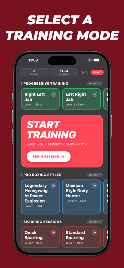 SparPad mobile app screen displaying different shadow boxing training modes and sparring sessions