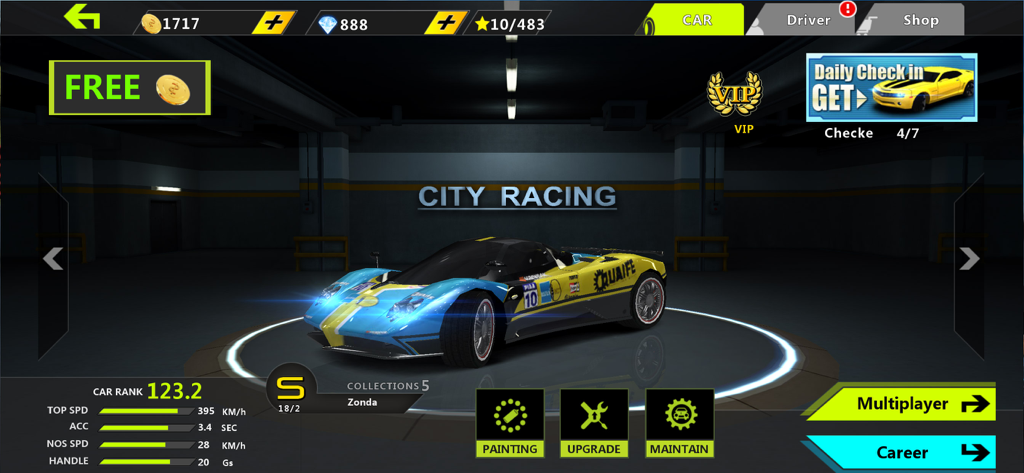 City Racing 3D : Drive Max - In-game garage menu of City Racing 3D showing a Zonda sports car with upgrade and painting options