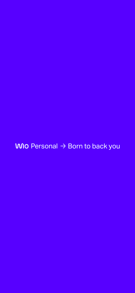 Écran de démarrage de l'application bancaire mobile Wio Personal avec le slogan Born to back you sur fond violet