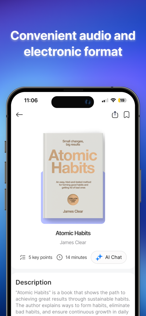 Pantalla de la aplicación Tingla que muestra un resumen del libro Hábitos Atómicos con una opción de chat de IA