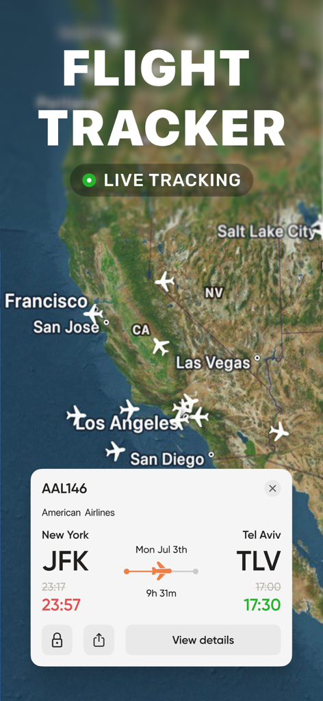 Flight Tracker app interface showing live plane icons on a map of the Western United States with details for an American Airlines flight from JFK to TLV.