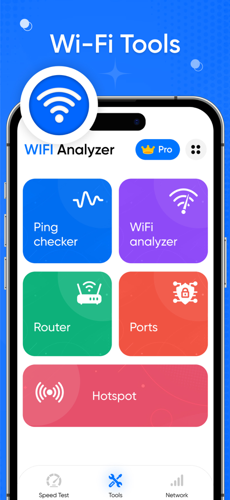 Interfaz de la aplicación Router Admin WiFi Analyzer mostrando varias herramientas de red como verificador de ping, analizador WiFi y gestión de router.