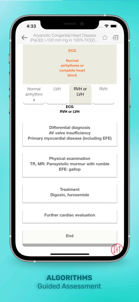 Gomella's Neonatology - Smartphone screen showing a guided assessment algorithm for neonatal congenital heart disease in the Gomella Neonatology app