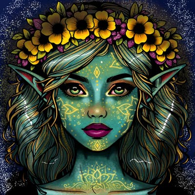 realistic female elf with flower crown