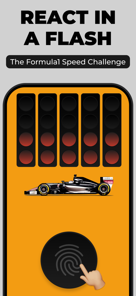 Reflex Test & Reaction Time - Formula 1 style reaction time test interface with start lights and a race car