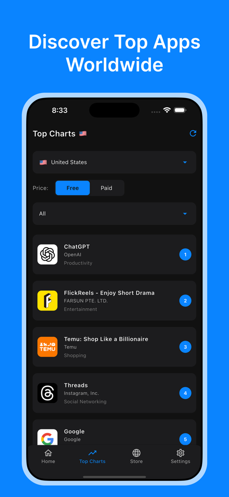 AppSpy mobile interface showing the top free app rankings for the United States store including ChatGPT and Temu