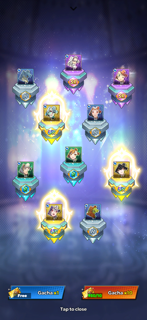 Fortias Saga: Idle RPG - Gacha summon results screen in Fortias Saga showing three Ultra Rare hero pulls.