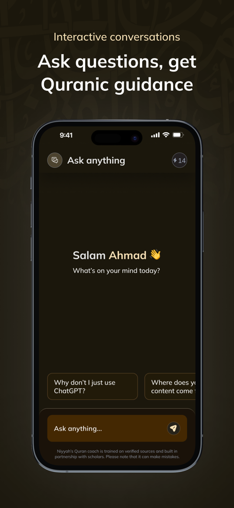 Niyyah | MuslimGPT Companion - Interactive AI chat interface of the Niyyah app for Quranic guidance