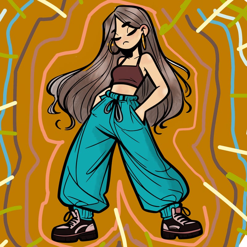 girl in baggy pants crop top and long hair