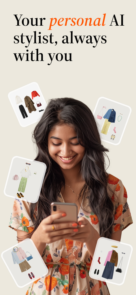 Stylio - Personal AI Stylist - A smiling woman using the Stylio app on her phone surrounded by floating personalized outfit formula cards