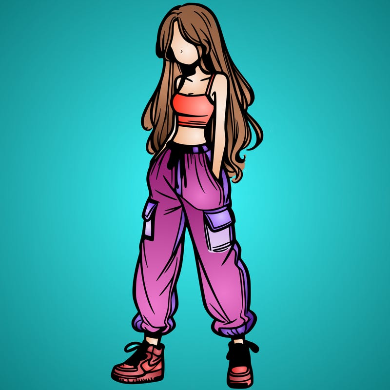 girl in baggy pants crop top and long hair