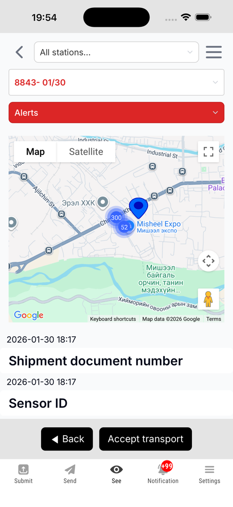 Obortech Smart Hub App-Oberfläche, die eine Echtzeit-Sendungsverfolgungskarte mit Details zu Sendungsdokumenten und Sensoren zeigt